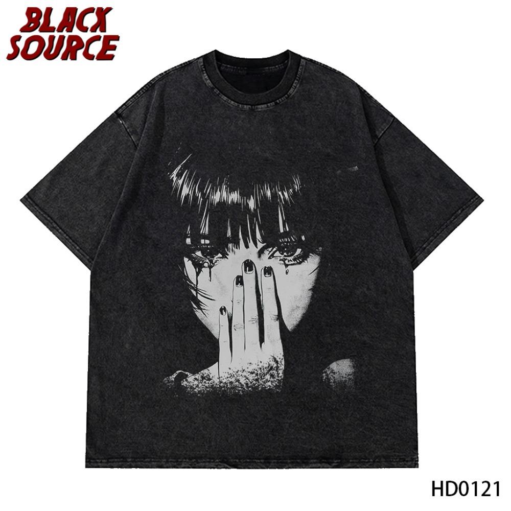 Fashion Washed T-shirt Street Wear Graphic Printing Harajuku Summer Black Short-sleeved Loose Top M