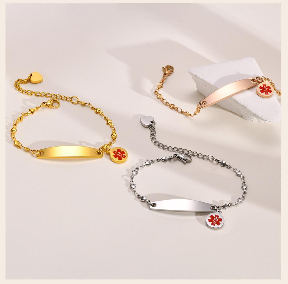 Custom Enamel Medical Alert ID Bangle Stainless Steel Rolo Chain Link Thin Bar Bracelet for Women Adjsutable 7.6"