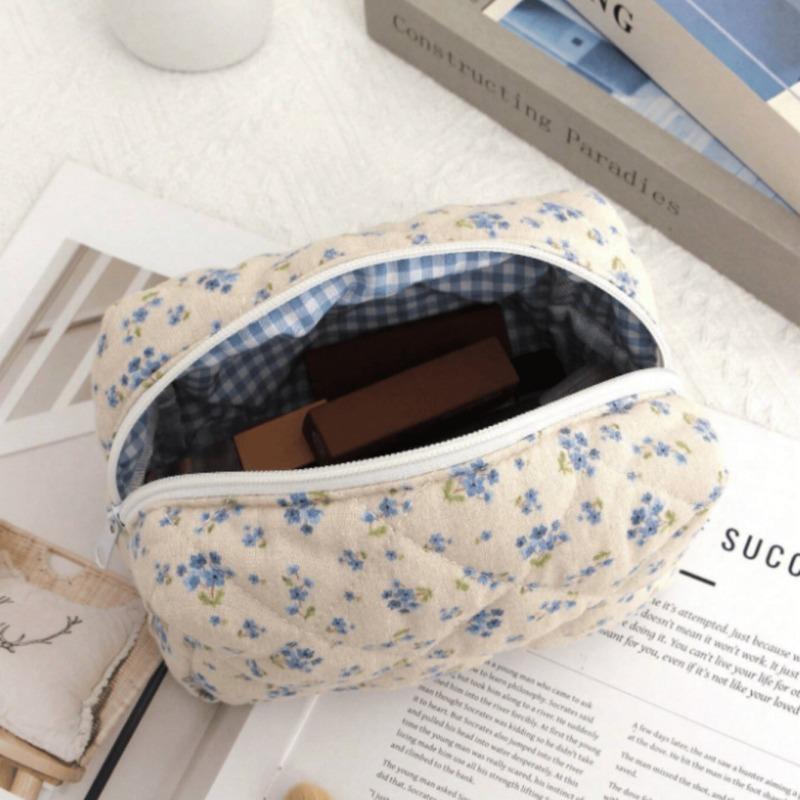 New Bowknot Quilting Women Cosmetic Bag Cute Zipper Travel Makeup Pouch Cotton Aesthetic Storage Bag Skincare Organizer