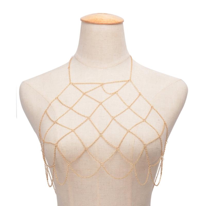 Mesh Body Chain Handmade Chest Chain Sexy Beach Bikini Bra Chain Harness Belt Body Accessories for Women and Girls