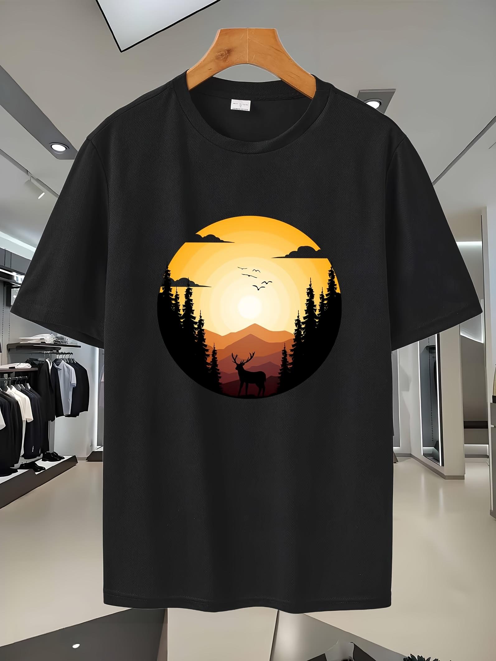 

Breathable Mesh Sport T-shirt with Mountain Sunset Graphic Print - Navy Blue Casual & Gym Tee XL