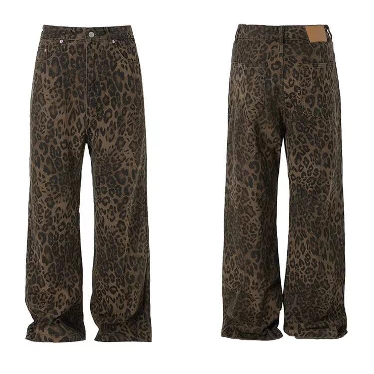 Street Leopard Print Flared Jeans High-waisted Thin Wide-legged Trailing Trousers Personality Retro Casual Trousers
