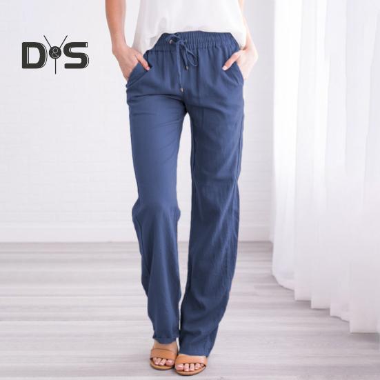 Damen Freizeithose, elastischer Kordelzug in der Taille, lange Hose mit Taschen, einfarbig, lockere Passform, Hose mit weitem Bein