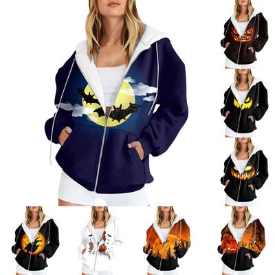 Women's Fashion Casual Halloween Printed Sweatshirt Autumn Winter Long Sleeve Cardigan With Pockets Zipper Hoodie Jacket
