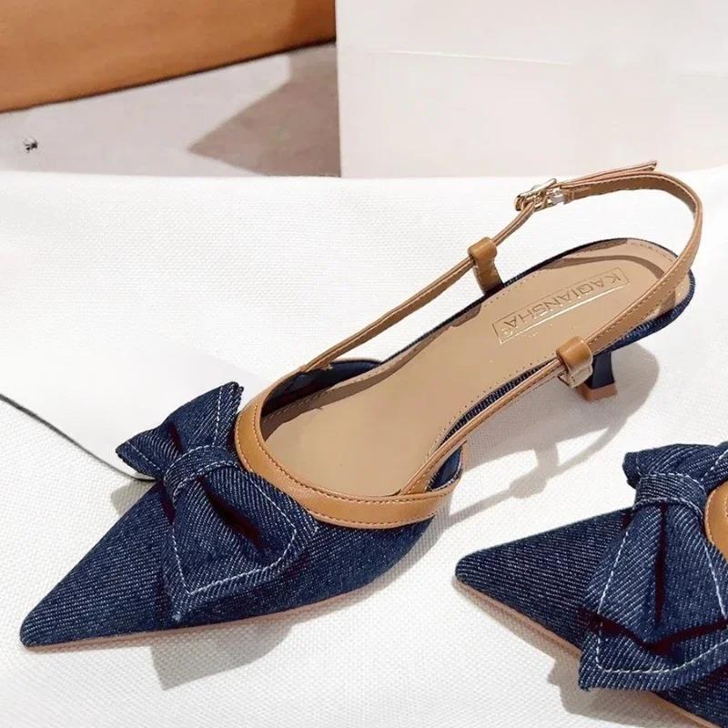 Pointed Heel Sandals Velvet Shoes Suit Female Beige Women's Suede Low Closed Denim Black Fashion Real Girls Stiletto Retro