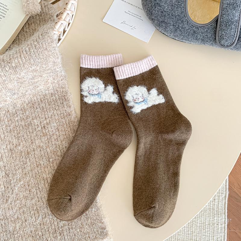 Grey Puppy Socks Warm Moorse Thickened Fleece Warm And Cute Cartoon Animal Tide Stockings