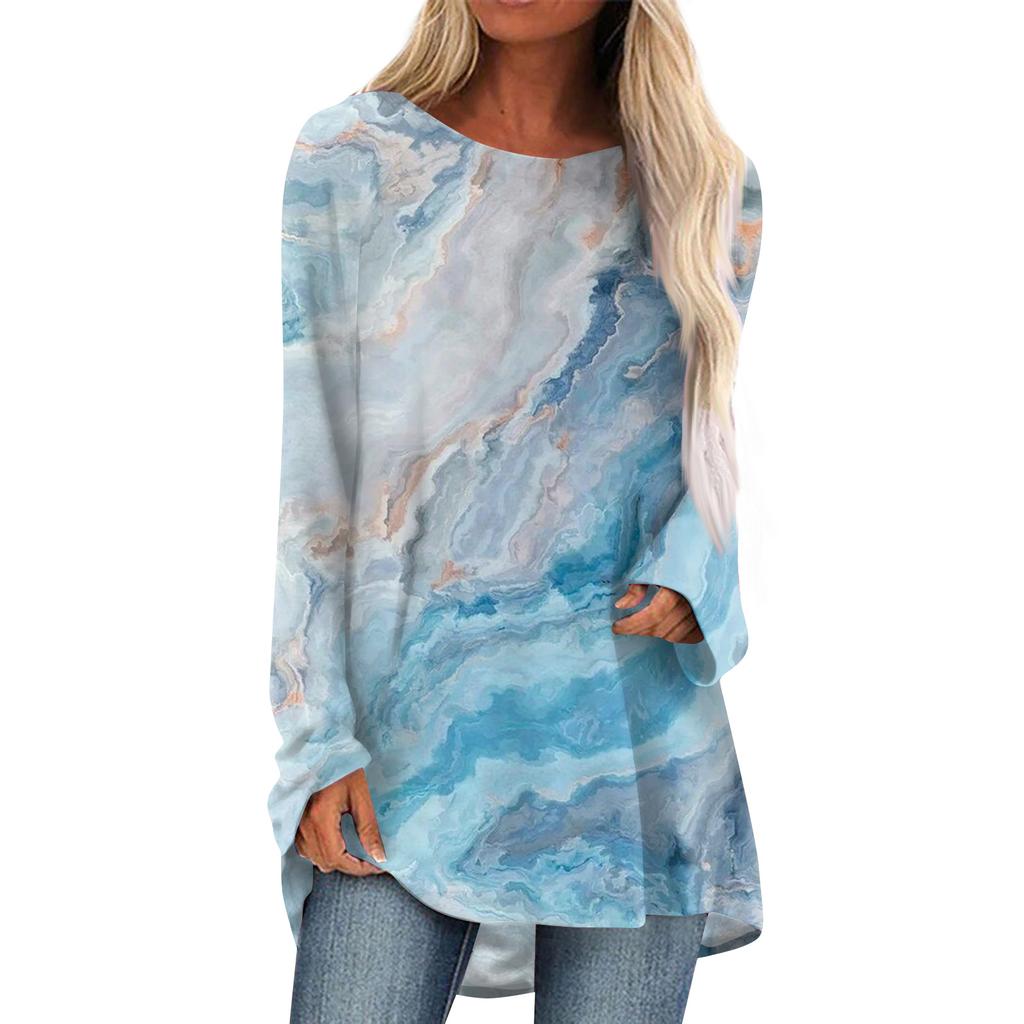 Women's Casual Round Neck Textured Print Long Sleeve T-Shirt Top