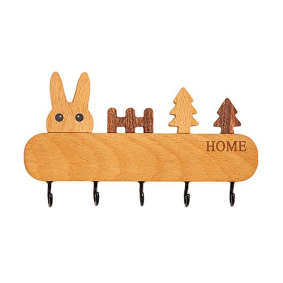 Natural Wood Key Organizer Wooden Holder with 5 Hooks, Cartoon House Theme Organizer, Multi No Drill Hanger Purpose Hanging Rack for Keys Pet Leashes