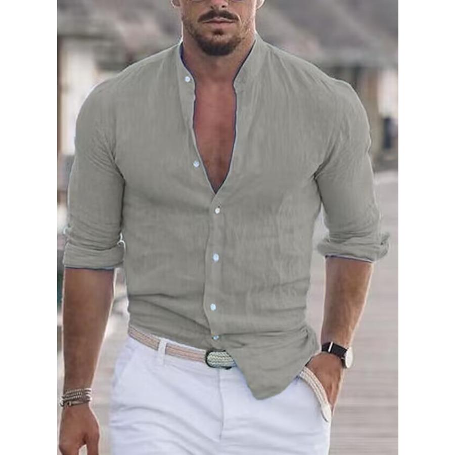 Men's Summer Autumn White Shirt Man Long Sleeve Cotton Linen Shirt Solid Blue Green Tops Clothing