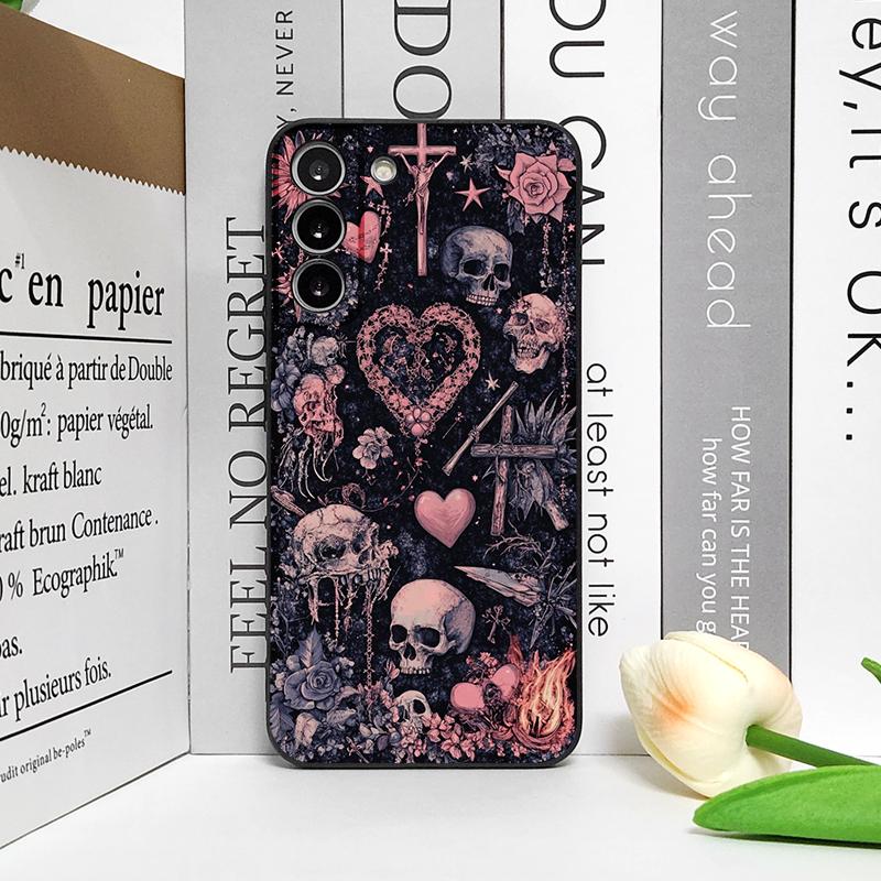Vintage Gothic Pink Bow Skull Cross Pattern Phone Case for Samsung Galaxy S25 S24+ S23 Ultra S22 Plus S20 S21 FE M53 M34 Covers