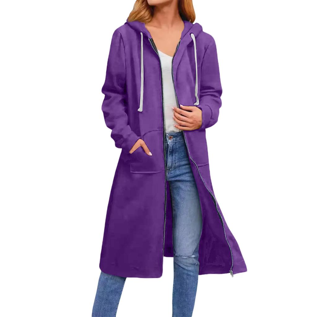 Women's Solid Color Fashionable Loose Zipper Long Cardigan Hooded Sweatshirt Jacket