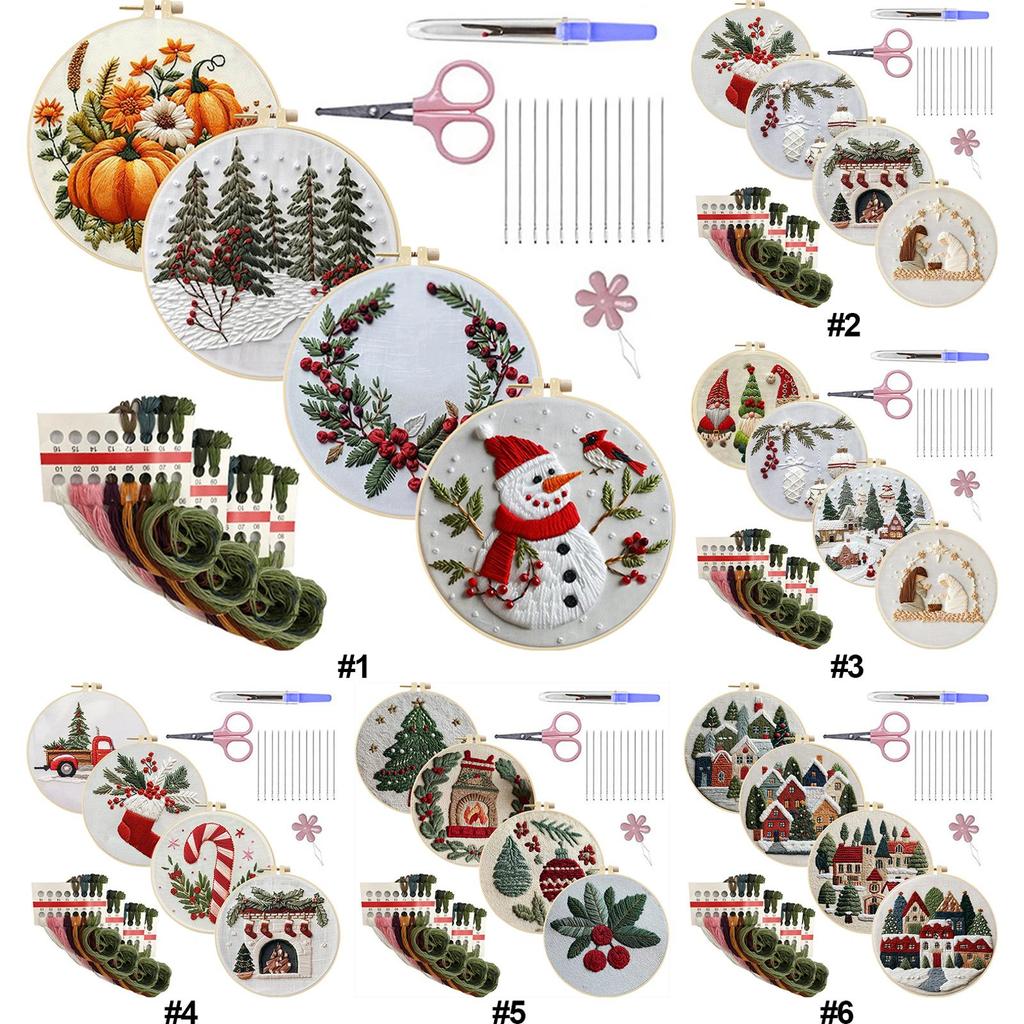 4 Pack Embroidery Starter Kit with Christmas Patterns Cross Stitch Kits with Embroidery Hoop Needles Threads Instruction
