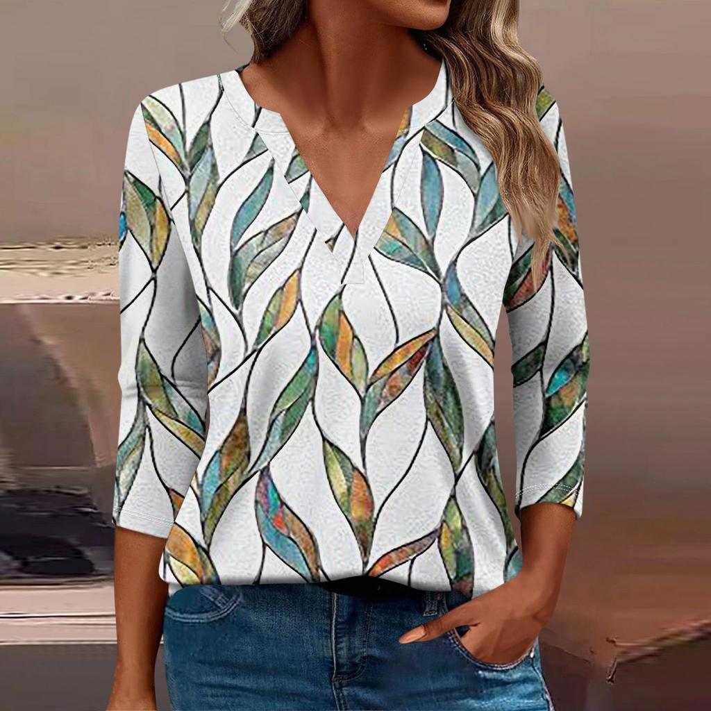 Women's T Shirt Tee Print Button 3/4 Sleeve Daily Weekend Fashion Basic V Neck Regular Top