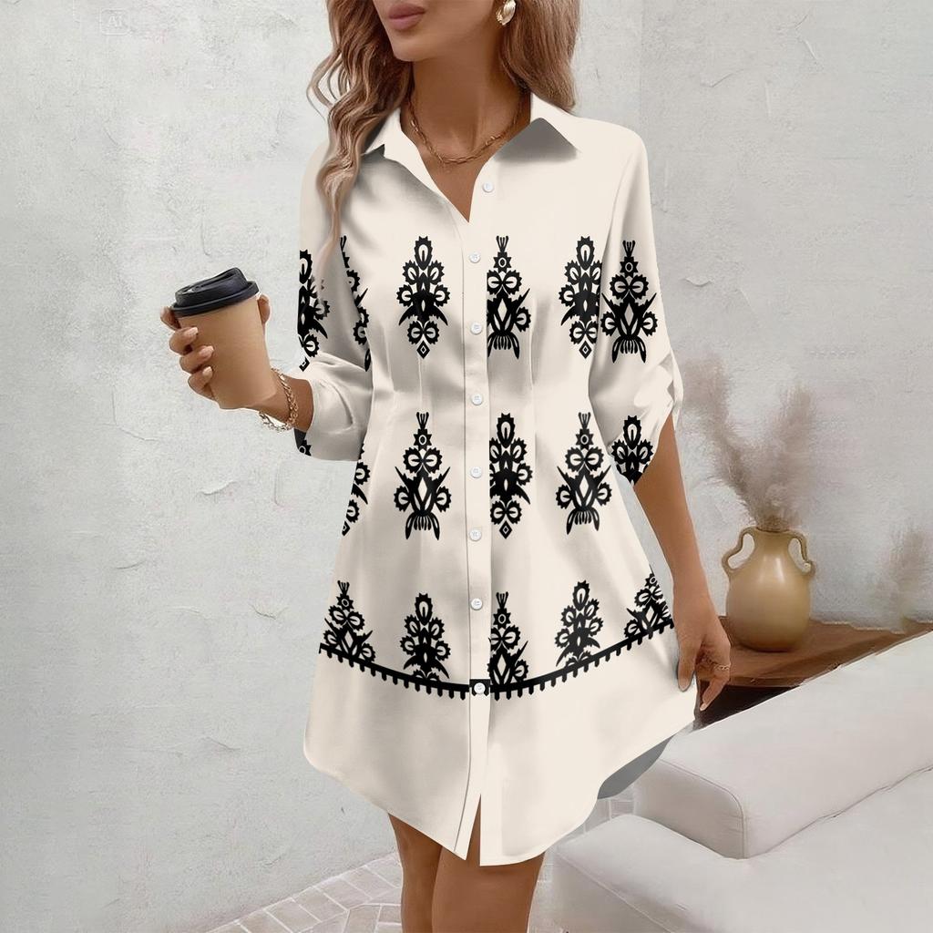 Women's Loose-fitting V-neck Long-sleeved Dress Print Work Shirt Dress