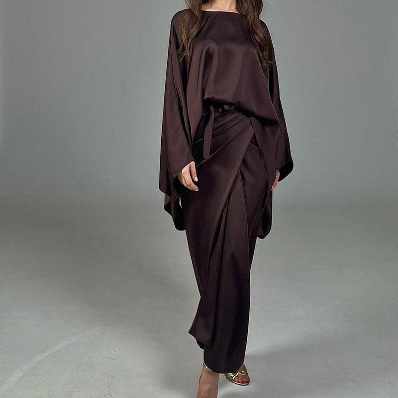2024 Satin Batwing Sleeve Irregular Long Dress Two-Piece Set for Women
