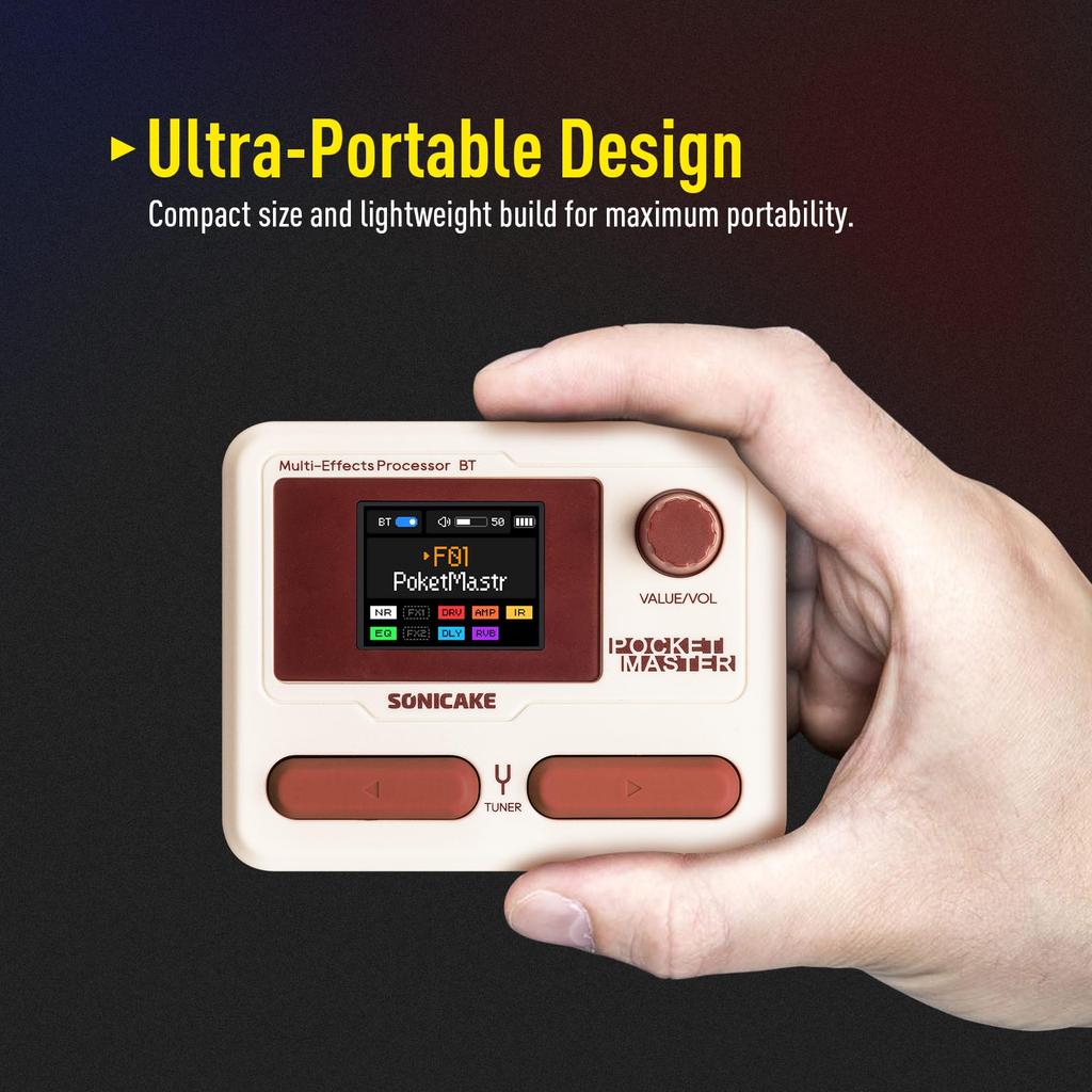 SONICAKE Pocket Master Portable Pedal with Amp IR Cabinet Stereo OTG USB Audio Rechargeable Multi-Effects 100+ Built-in Guitar/Bass/Sound Effects,