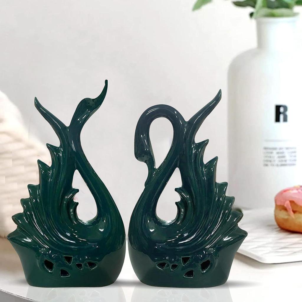 Modern Elite Swan Pair Ceramic Art Figurine | Beautiful Home Decor (Pack of 2, Green)