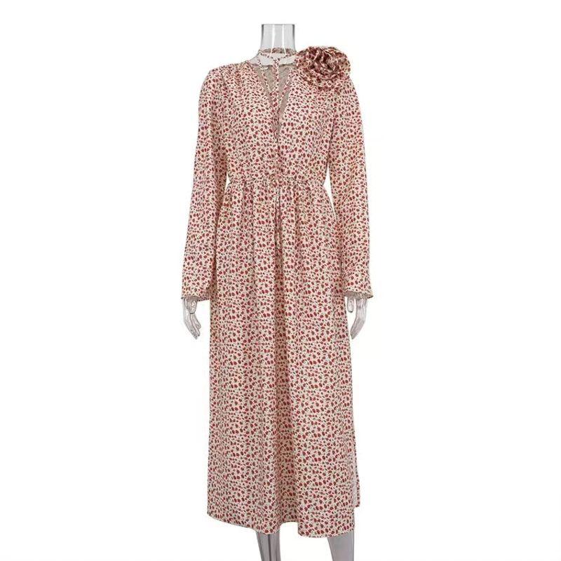 

Western Style Sexy V-neck Lace-up Waist Hugging Split Floral Dress Sexy V-neck Lace up Dress Apricot color L