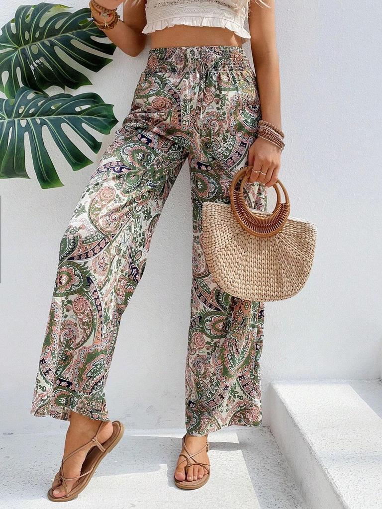 Western Women’s 2025 Summer Printed Elastic Waist Wide Leg Pants
