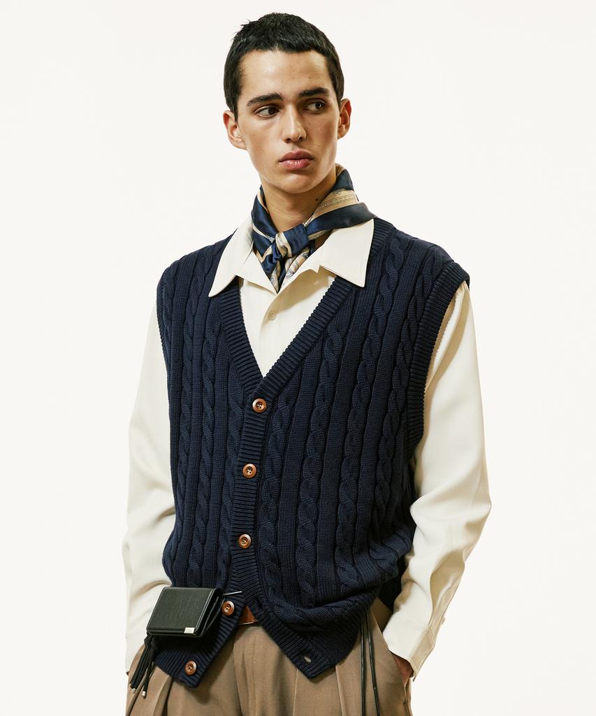 SSY [Set] Sunday Cable Knit Vest & Drapery Shirt