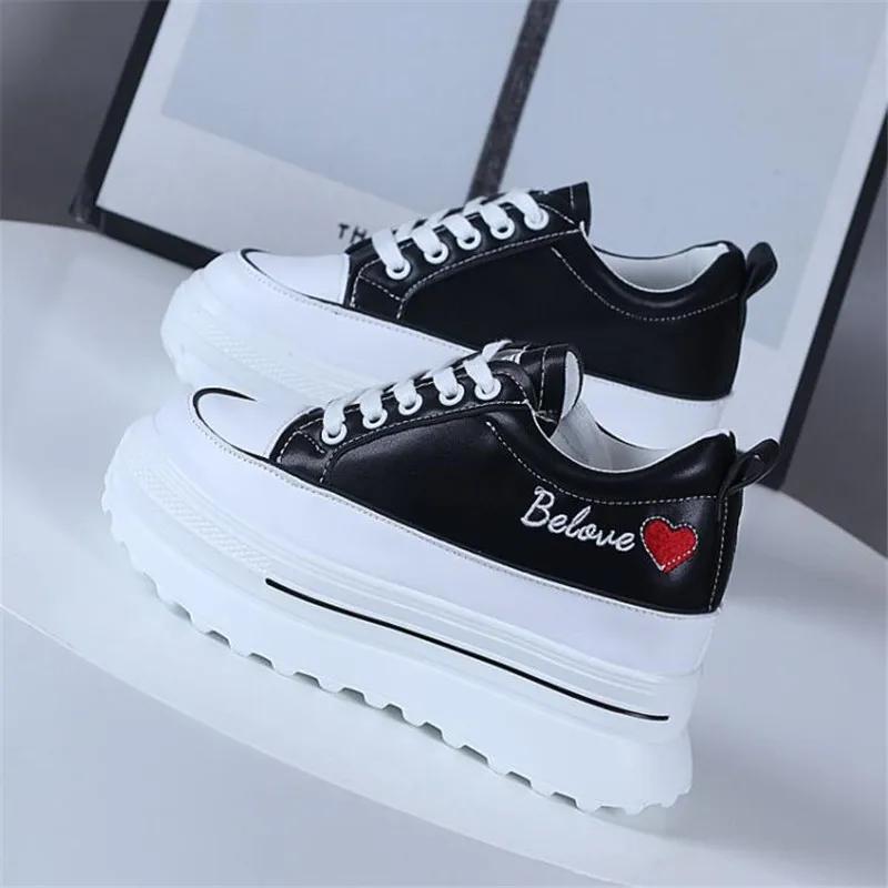 Fashion Spring Autumn Women High Platform Shoes 9CM Comfortable Chunky Sneakers Breathable Leather Wedges Casual Sport  Walking Shoes