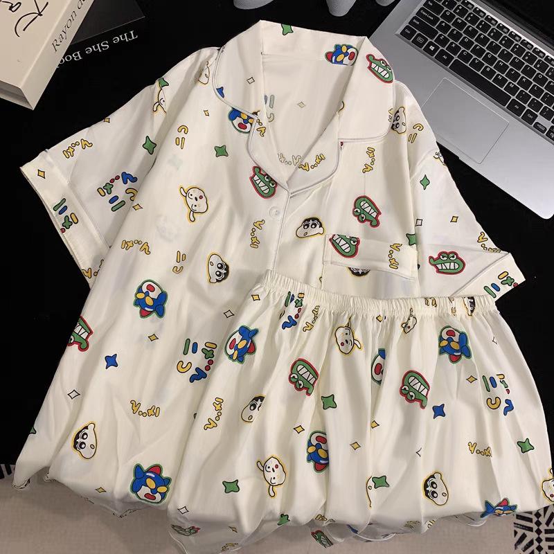 Crayon Xiaoxin Same Pajamas Women's Thin Summer Short-sleeved Three-piece Set Cotton Large Size Loose Women's Loungewear Set