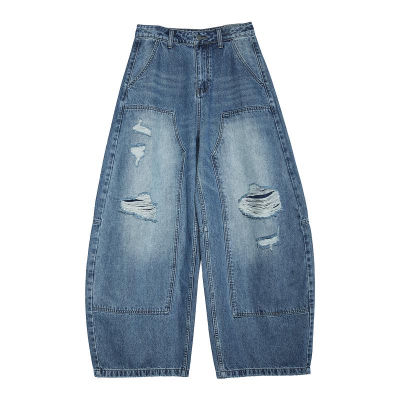 

Tuogu Trend Blue Ripped Wide-Leg Jeans for Women - Floor-Length, Loose, and Slimming. Medium джинсовый синий