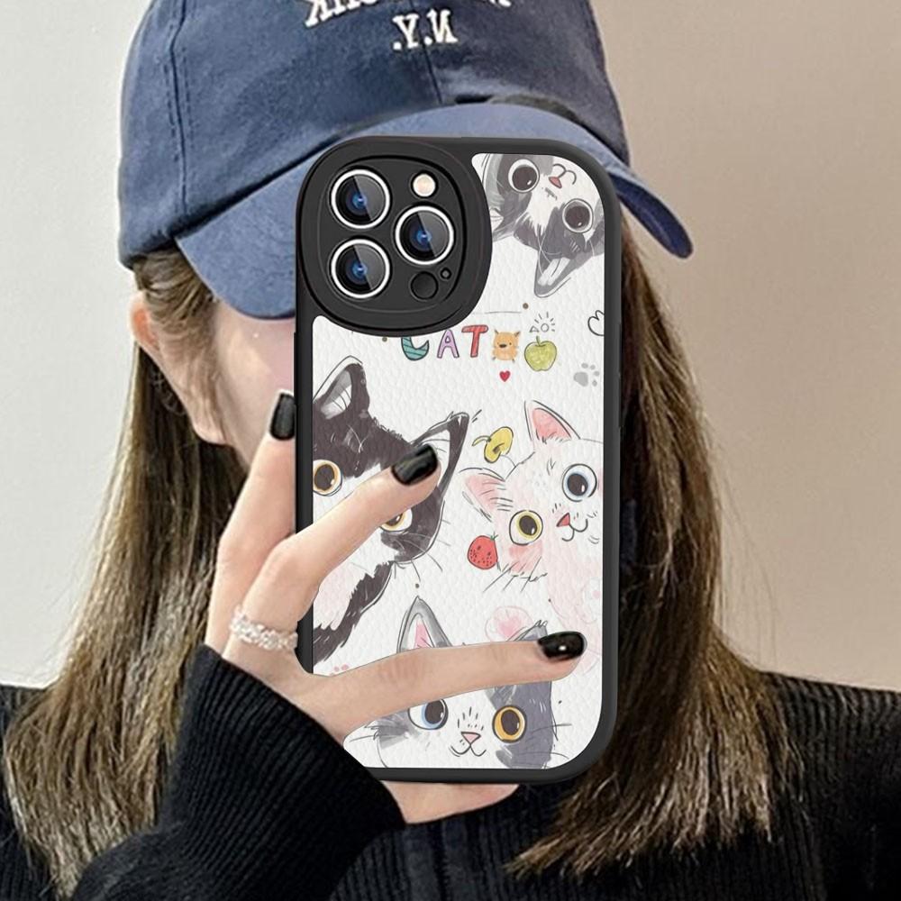 Cartoon Cute Cats Background Phone Case Hard Leather For IPhone 16 15 14 13 12 Mini 11 14 Pro Max Xs X Xr 7 8 Plus Fundas