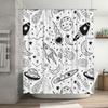 Space-themed Bathroom Shower Curtain Black White Pattern with Rockets, Planets, and Stars for Kids Bedroom Decorations Home Text