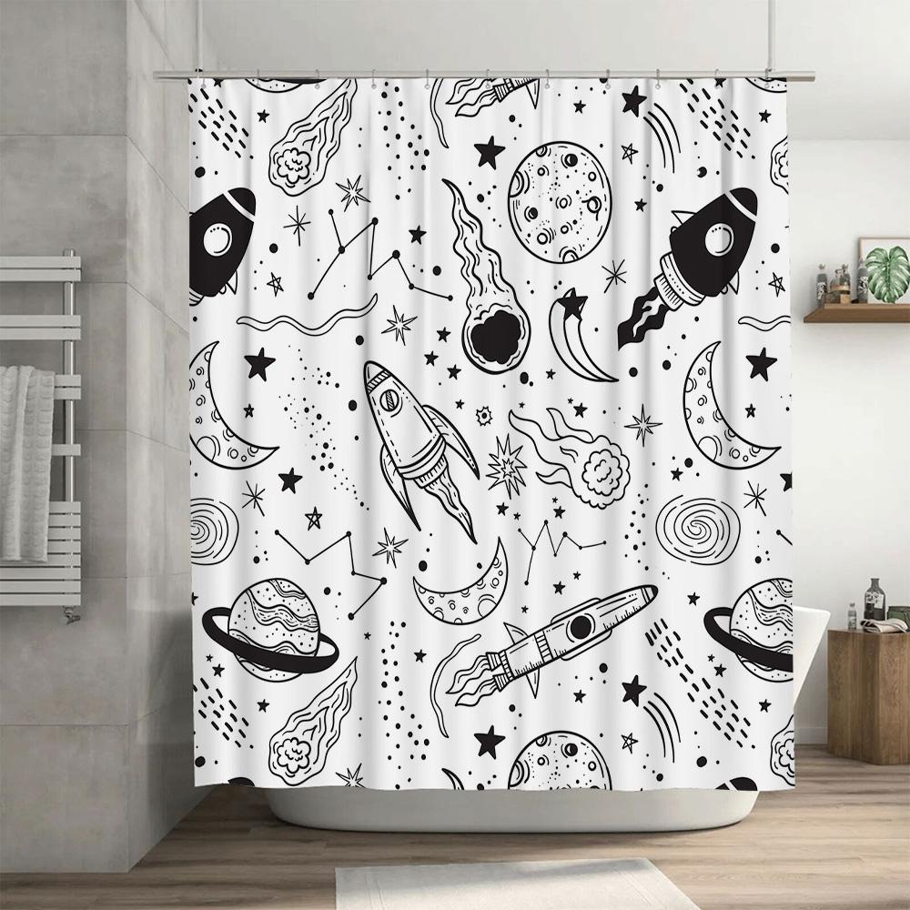 Space-themed Bathroom Shower Curtain Black White Pattern with Rockets, Planets, and Stars for Kids Bedroom Decorations Home Text