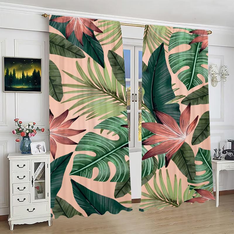 Set Of 2 Tropical Leaves Printed Curtains Pole Bag Bedroom Living Room Home Decoration Made Polyester Area Window Treatment