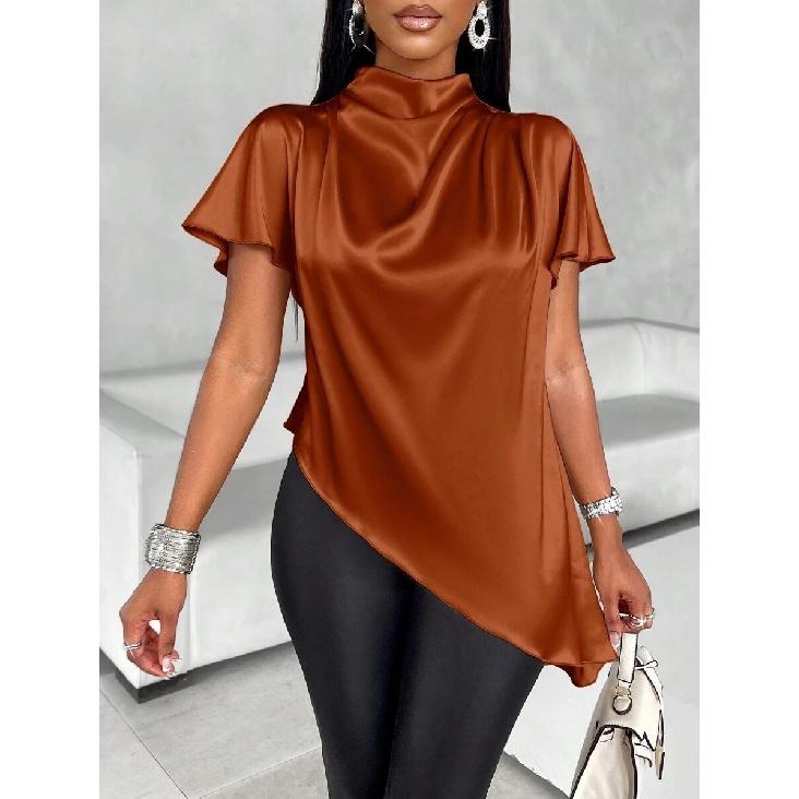 Satin shirt 2026 spring-summer asymmetrical hem women s top S коричневый