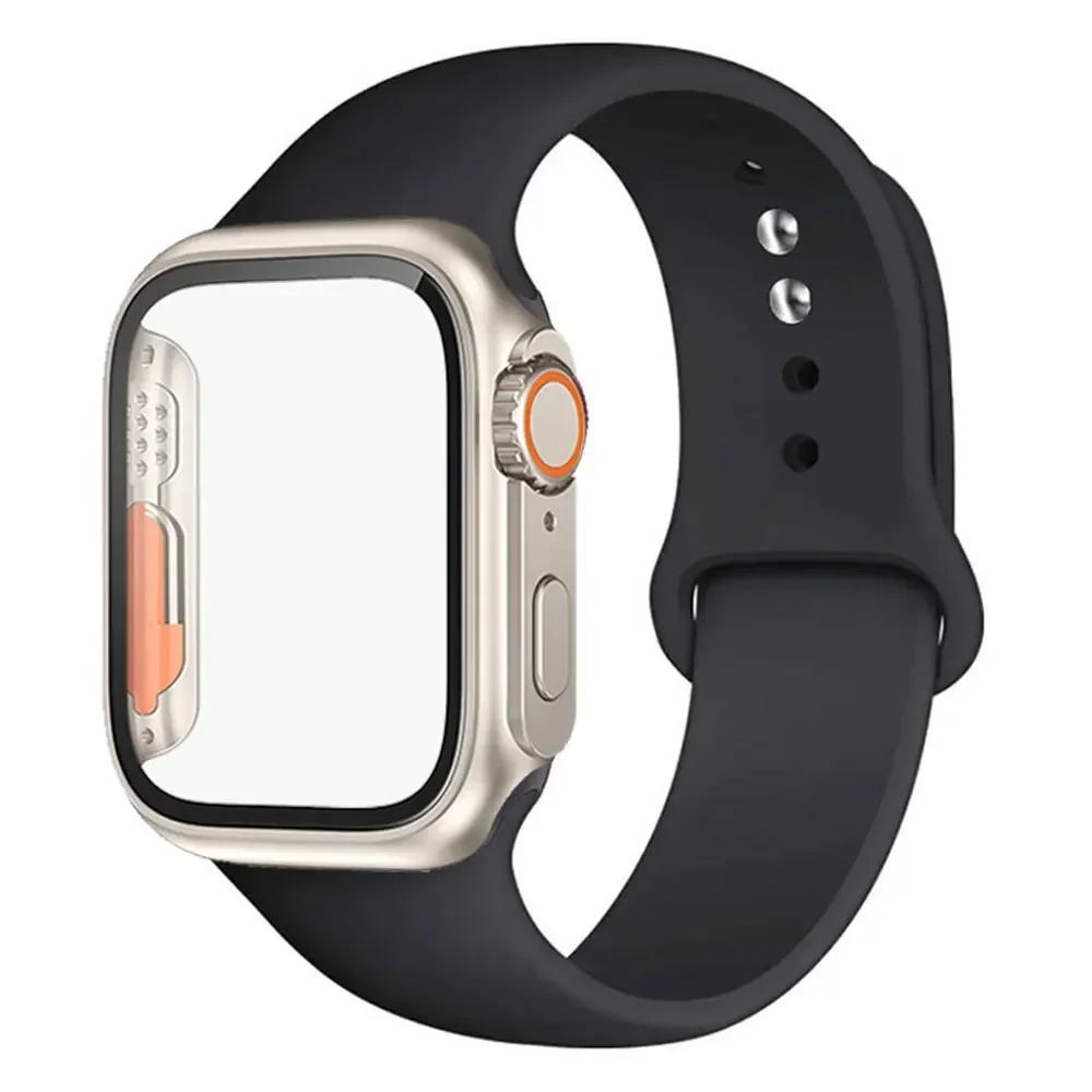 Silicone Strap+Case For Apple Watch Band 44mm 45mm 41mm 40mm Tempered Glass Cover Change to Ultra iWatch Series 9 8 7 SE 6 5 3