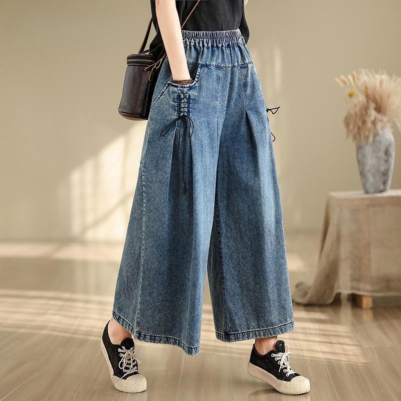 Plus size estilo coreano primavera verão feminino perna larga jeans cintura alta bandagem casual solto calças jeans com bolsos elegante elegante streetwear jeans