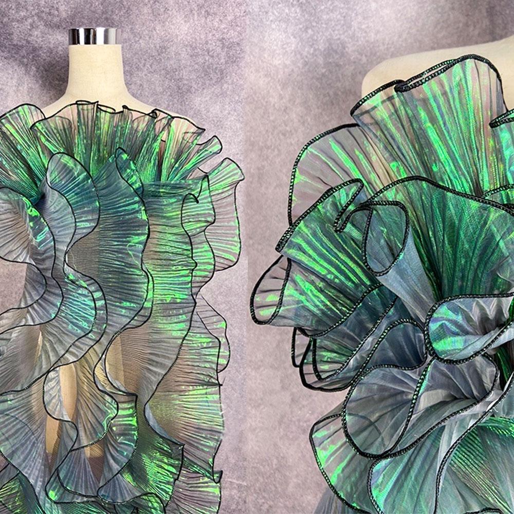 Lace Trim Organza Fabric Mermaid Ruffled Transparent Iridescent Laser Pleated for Patchwork Skirts Wedding Sewing Costume Supply