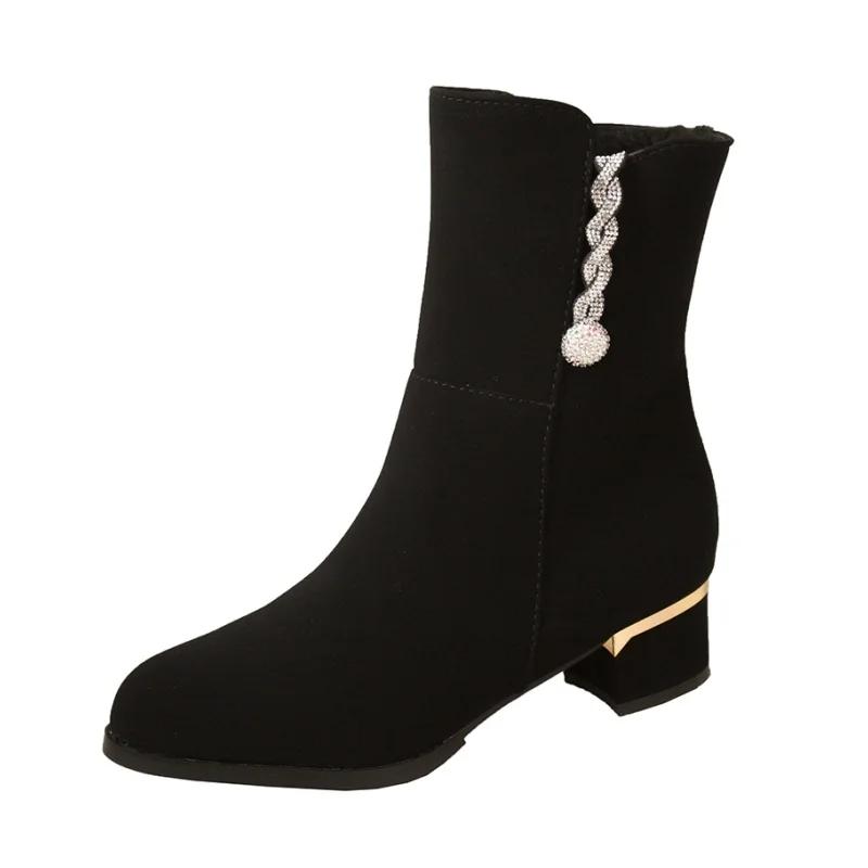 Women Crystal Ankle Boots Mid Heels Suede Shoes Winter Brand New Fad Gladiator Casual Shoes Luxury Trend Snow Botas Mujer