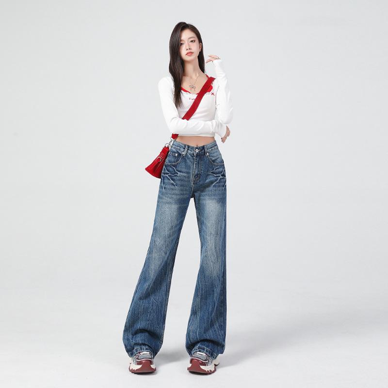 Women s 2024 Autumn/Winter Retro Blue High-Waisted Slim-Fit Micro-Flare Jeans XL