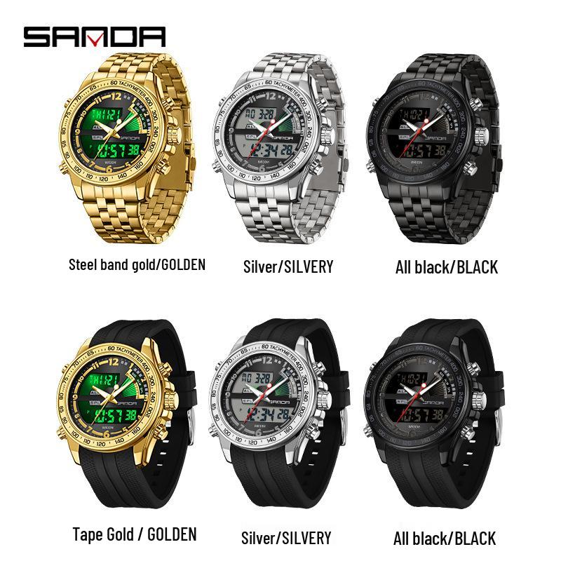 SANDA Dual Display Electronic Watch - Cool Business Waterproof Wristwatch with Live Broadcast, Teenager Alarm Clock Feature.
