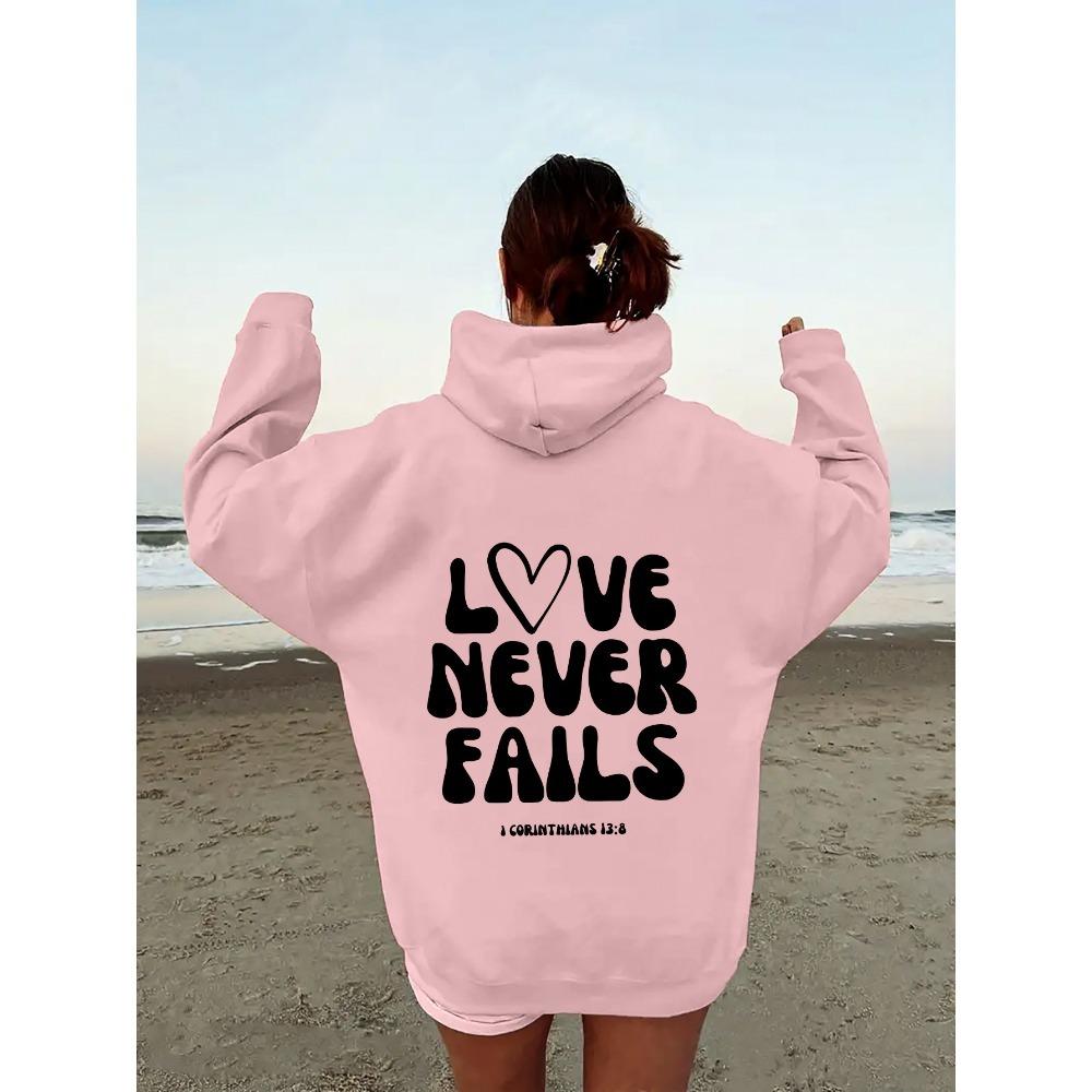 Women'S Shoulder Sleeve Fleece Sweater Plain Letter Print Kangaroo Pocket Drawstring Print Hoodie