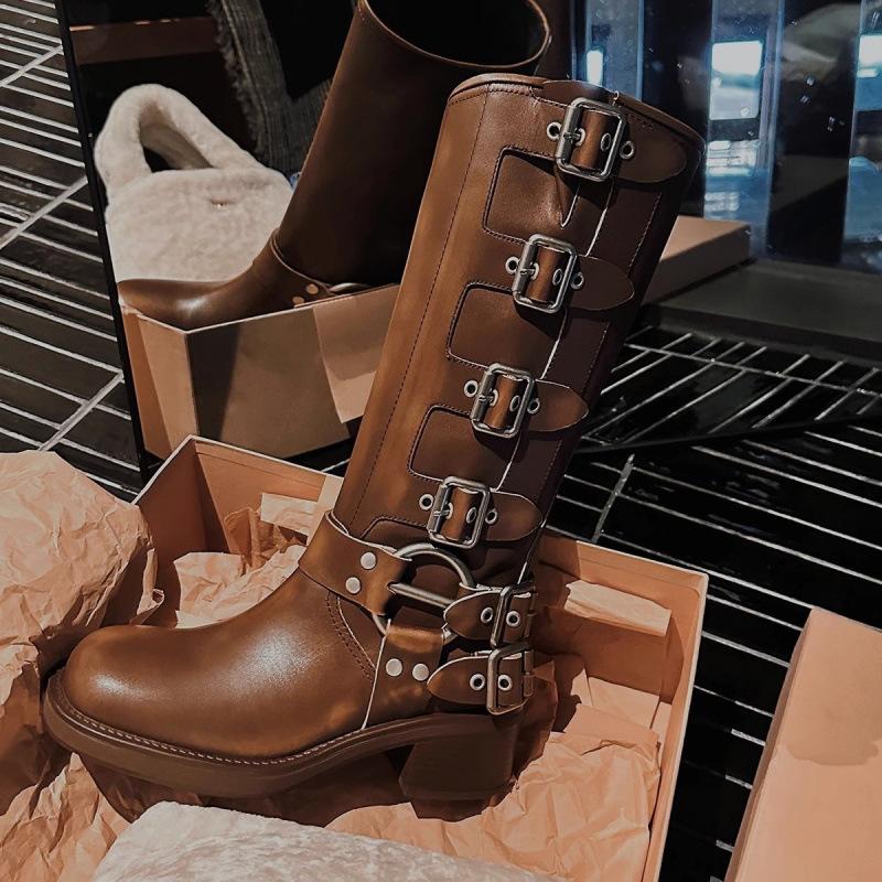 

Vintage round head leather buckle thick heel western mid tube knight boots women s autumn 34