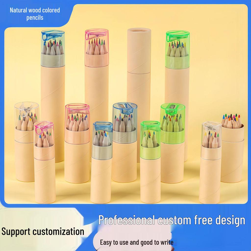 Log Color Pencil Holder & Brush Set with Sharpener - 6 Pencils, 12 Colors, Customizable Logo