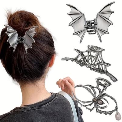 Halloween Hair Claw Black Spider Web Skeleton Hand Bat Shape Hair Clip Anti-slip Teeth Back Head Shark Hair Clip Styling Accessory