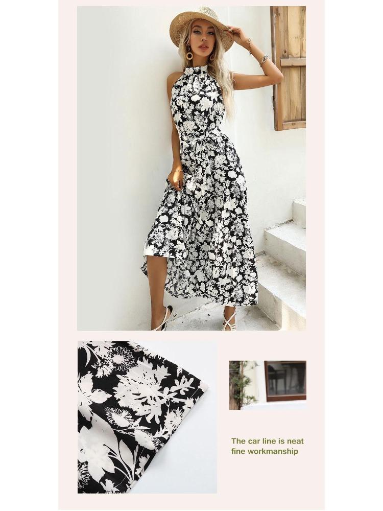 Halter Neck Sleeveless French Style Slit Print Dress Summer Hot Seller
