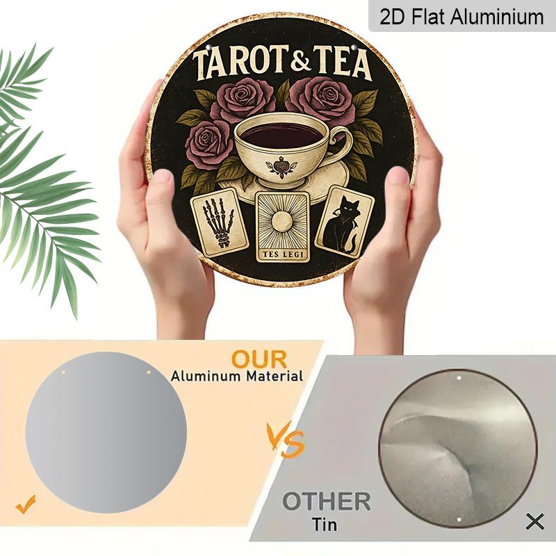 2D Flat, 1pc Round Vintage & Tea Metal Wall Art Sign - 7.87 Inch Aluminum Decor with Roses, Cups, and Symbols, Rustic Black Backgfor Home, Cafe, Bar