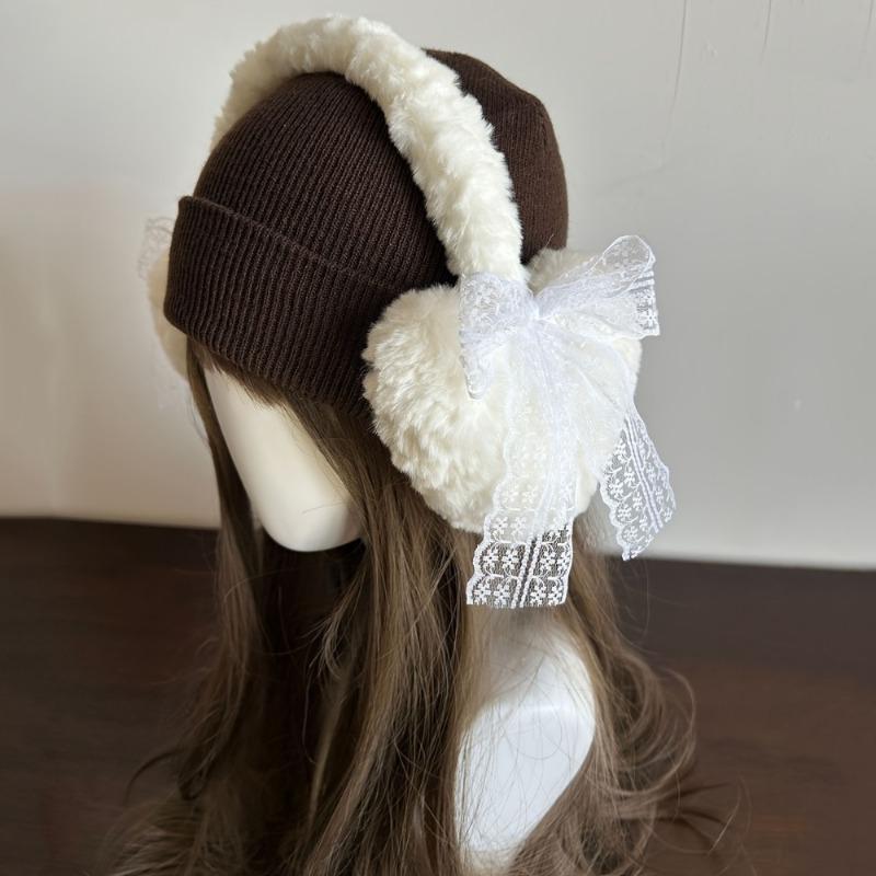 1PC New Japanese Sweet Girl Cute Lace Bow Warm Headgear Plush Ear Bag Love Earmuffs