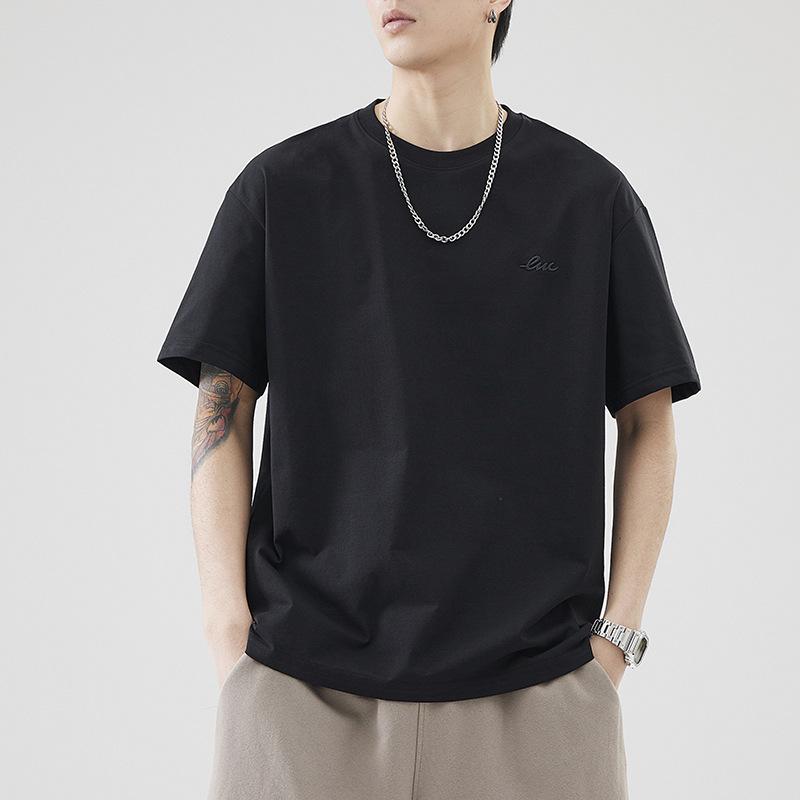 260g Heavy Japanese Loose Ice Silk Embroidered Short-sleeved T-shirt Men's Summer Casual