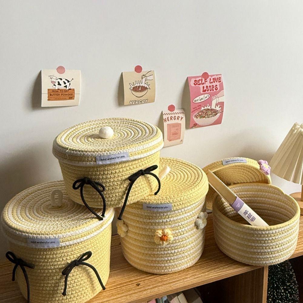 Cotton Tead Woven Storage Basket Red White Organizer Basket Cartoon Covered Basket Women Use