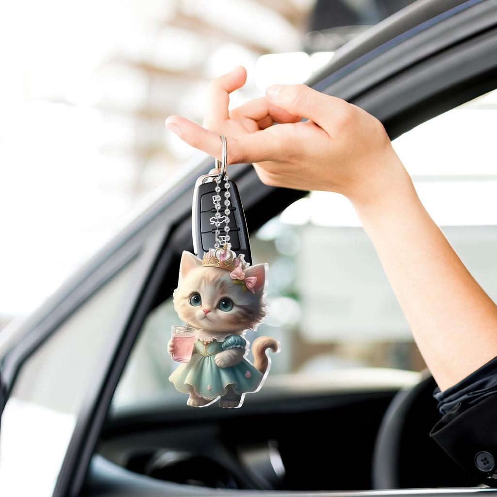 2D Cute Car Acrylic Flat Rearview Mirror Pendant Keychain Accessories
