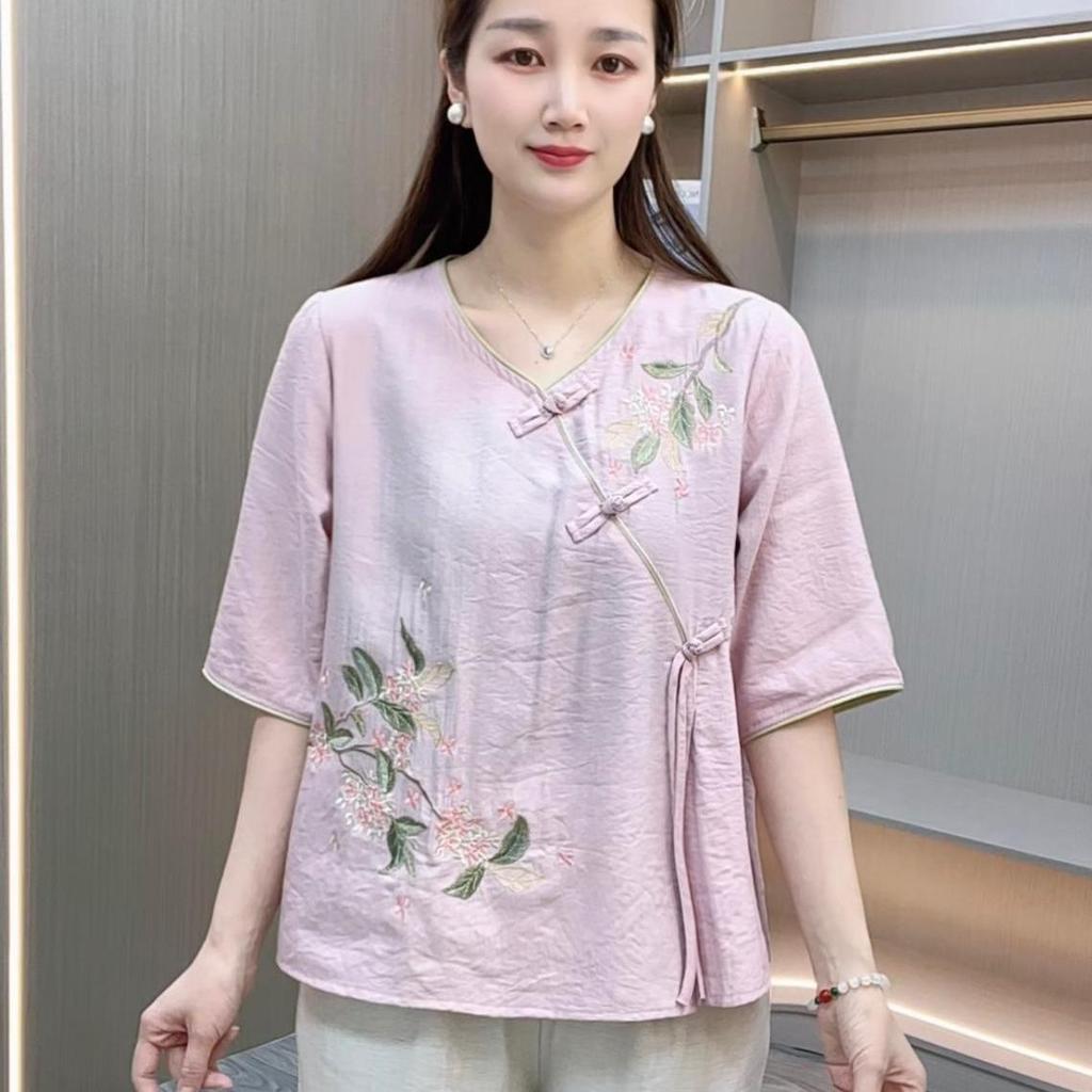 Middle Aged Women Retro Chinese Embroidery Asymmetrical Button Blouse Summer Loose Bohemian Style Top