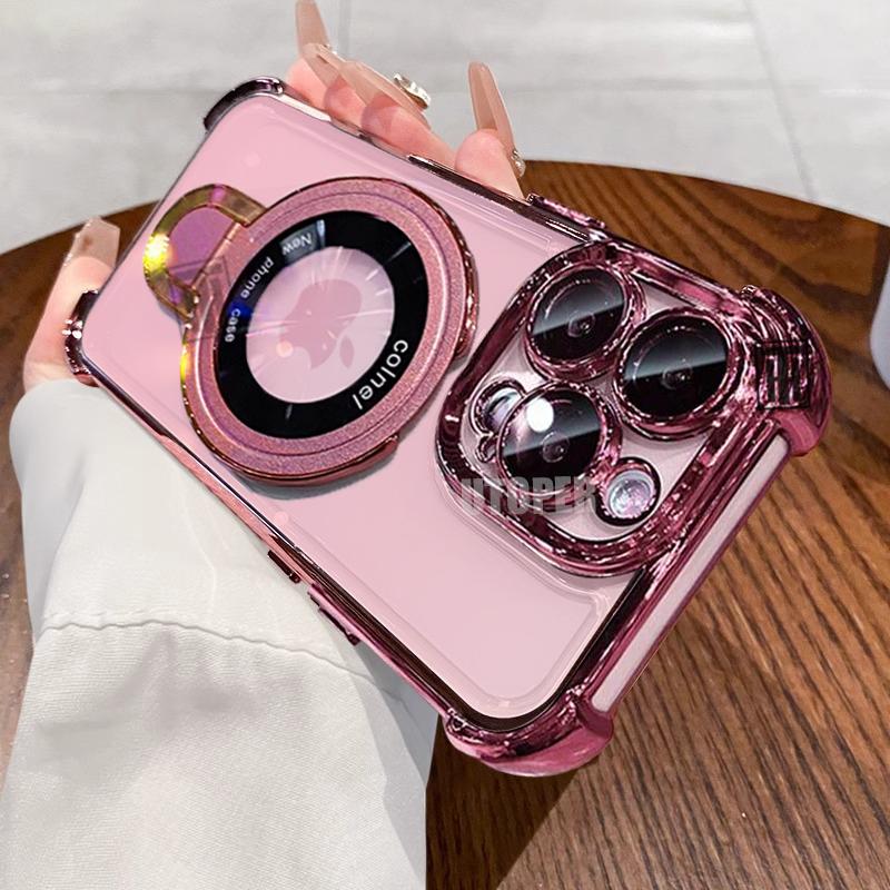 Luxury New Flip Bracket Transparent Case for iPhone 16 15 14 13 11 12 Pro Max Plus Magsafe Magnetic Plating Shockproof Cover